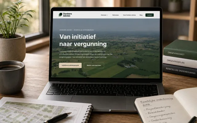 Laptop met de website van Donkers Advies, met notitieblok over BOPA en ruimtelijke onderbouwing