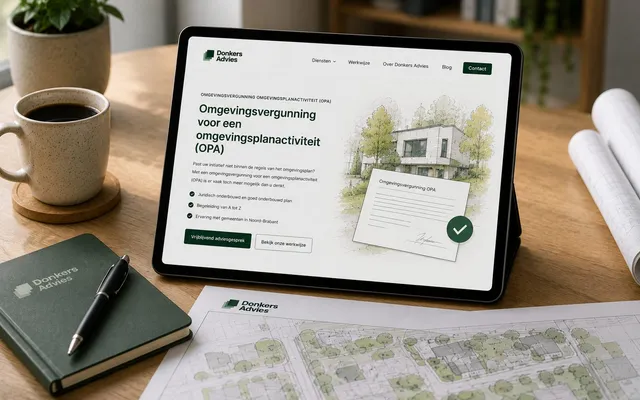 Tablet met de OPA-pagina van Donkers Advies, met een illustratie van een woning en de omgevingsvergunning