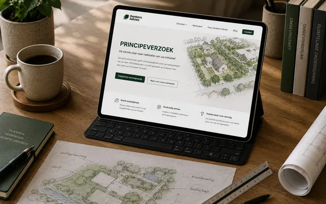Tablet met de principeverzoek-pagina van Donkers Advies, met een handgetekende situatieschets ernaast